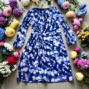 Abstract Blue White Tie Dye Knot Front Long Sleeve Knit Dress Women's 6P